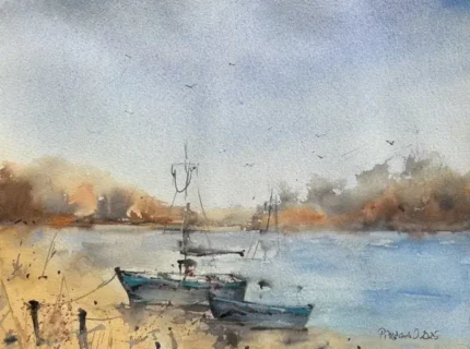 Tablou Tarm linistit cu barci de pescari, barci ancorate langa mal, in nuante de albastru si ocru