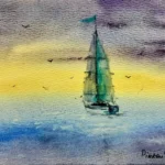 Tablou Vasul Sperantei, acuarela cu un velier cu panze verzi pe un cer galben si mare albastra