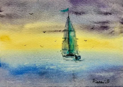 Tablou Vasul Sperantei, acuarela cu un velier cu panze verzi pe un cer galben si mare albastra