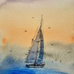 Tablou Velier solitar la rasarit, peisaj marin cu un velier pe mare albastra si cer portocaliu