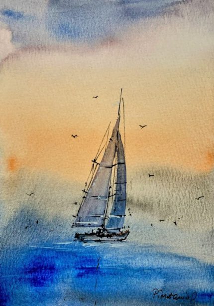 Tablou Velier solitar la rasarit, peisaj marin cu un velier pe mare albastra si cer portocaliu