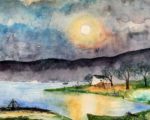 Tablou Liniste, acuarela cu soare deasupra unui lac, dealuri intunecate si o casuta pe mal