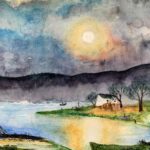 Tablou Liniste, acuarela cu soare deasupra unui lac, dealuri intunecate si o casuta pe mal