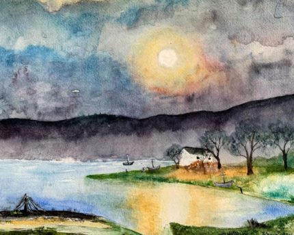 Tablou Liniste, acuarela cu soare deasupra unui lac, dealuri intunecate si o casuta pe mal