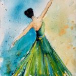 Tablou Balerina, gratie si eleganta, balerina in rochie verde cu bratul ridicat, pe fundal albastru