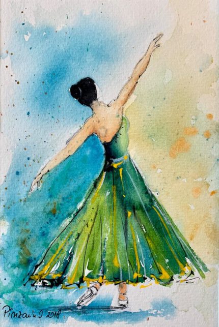 Tablou Balerina, gratie si eleganta, balerina in rochie verde cu bratul ridicat, pe fundal albastru