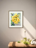 Tablou cu trandafiri pictat manual, pe un perete bej luminat de soare, deasupra unei mese