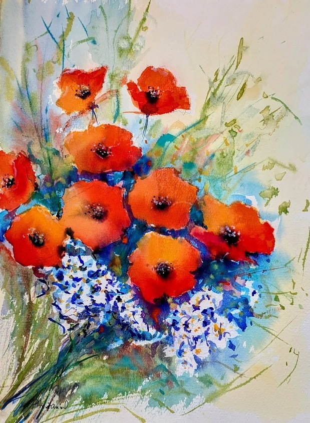 Tablou flori pictate - maci rosii si flori de camp