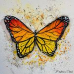Tablou Orange butterfly, acuarela cu fluture portocaliu cu aripi conturate in negru si stropi galbeni