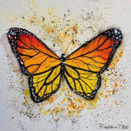 Tablou Orange butterfly, acuarela cu fluture portocaliu cu aripi conturate in negru si stropi galbeni