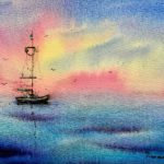 Tablou marin Barca la apus, acuarela cu o barca pe mare albastra, sub un cer roz si galben