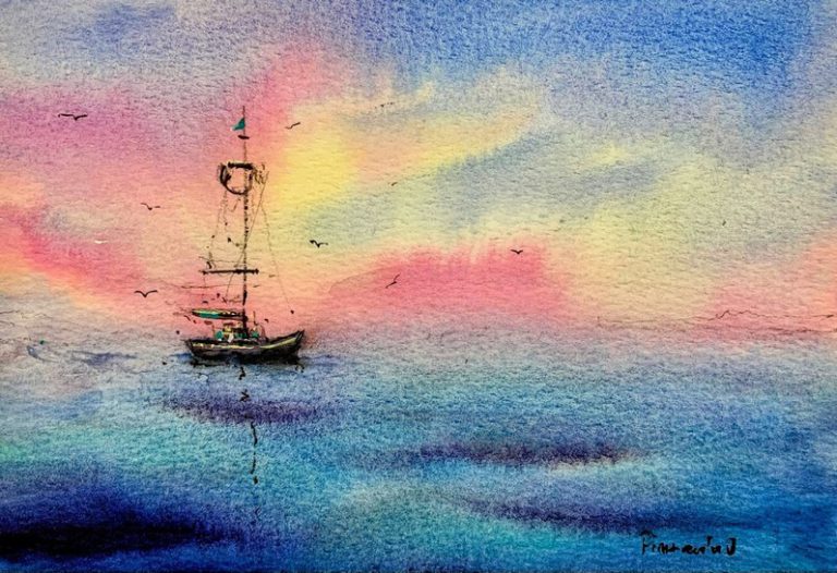Tablou marin Barca la apus, acuarela cu o barca pe mare albastra, sub un cer roz si galben