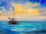 Tablou marin Barca la rasarit, acuarela cu o barca pe mare turcoaz, sub un cer galben de rasarit