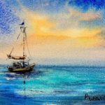 Tablou marin Barca la rasarit, acuarela cu o barca pe mare turcoaz, sub un cer galben de rasarit