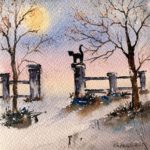 Tablou Pisica, acuarela cu o pisica neagra pe stalpul unui gard, copaci desfrunziti si luna plina