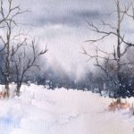 Tablou Snowy, copaci desfrunziti pe un camp inzapezit, sub un cer gri