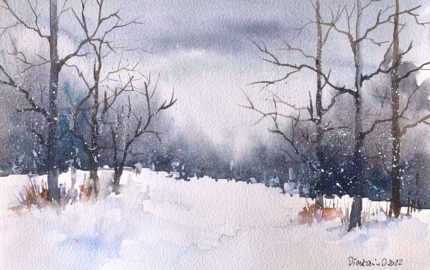 Tablou Snowy, copaci desfrunziti pe un camp inzapezit, sub un cer gri