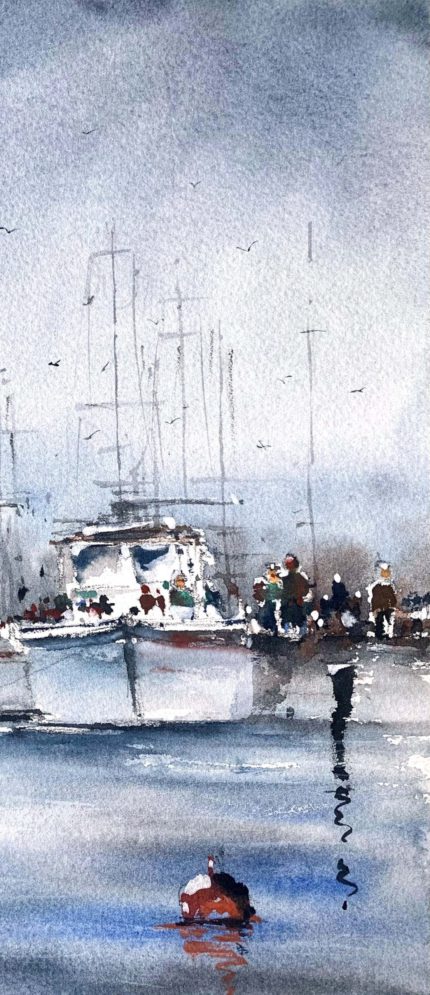 Detaliu din tabloul In port, catargele vaselor si geamandura rosie