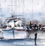 Detaliu din tabloul In port, oameni pe chei langa vasele ancorate