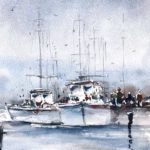 Tablou In port, vase albe cu catarge la chei, pe apa gri-albastra, cu o geamandura rosie