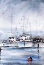 Tablou In port, vase albe cu catarge la chei, pe apa gri-albastra, cu o geamandura rosie