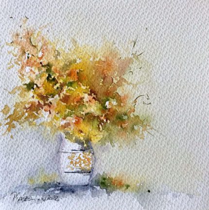 Tablou Natura moarta cu flori galbene, buchet galben-auriu intr-o vaza alba