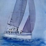 Tablou Regata in largul marii, velier cu panze mov pe mare albastra
