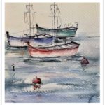 Tablou Apus de soare Barci de pescari vazut integral, cu margine alba