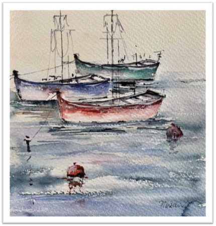 Tablou Apus de soare Barci de pescari vazut integral, cu margine alba