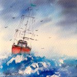 Tablou Big waves, vapor rosu cu catarge pe valuri mari albastre