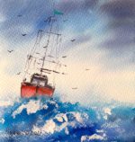 Tablou Big waves, vapor rosu cu catarge pe valuri mari albastre