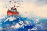 Detaliu din tabloul Big waves, coca rosie a vaporului pe valuri inspumate