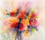 Tablou Flori vesele de primavara, acuarela cu buchet de flori rosii, portocalii si mov