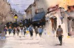 Detaliu din tabloul In oras, pietoni si magazine pe strada