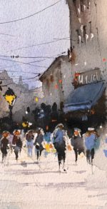 Detaliu din tabloul In oras, un felinar aprins si multimea de pe strada