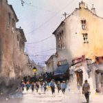 Tablou In oras, strada intre cladiri vechi, cu pietoni