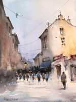 Tablou In oras, strada intre cladiri vechi, cu pietoni