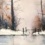 Tablou Lac inghetat, maluri inzapezite, un gard si copaci desfrunziti langa lac