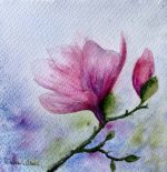 Tablou cu magnolie roz pictat manual, vedere apropiata a florii si a bobocului