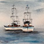 Tablou Marina, doua vase albe cu catarge inalte pe apa gri-albastra
