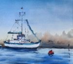 Detaliu din tabloul Marina, vasul de pescuit cu catarg si steag rosu
