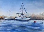 Tablou Marina, vas de pescuit alb pe apa albastra, cu o geamandura rosie