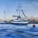 Tablou Marina, vas de pescuit alb pe apa albastra, cu o geamandura rosie