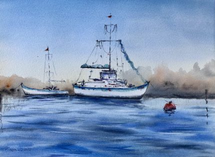 Tablou Marina, vas de pescuit alb pe apa albastra, cu o geamandura rosie