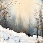 Tablou Peisaj de iarna Natura, copaci desfrunziti pe o panta cu zapada, sub un cer cald