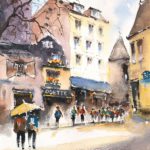 Tablou Peisaj urban, strada cu cladiri colorate, trecatori si o umbrela galbena