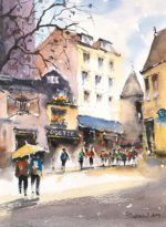 Tablou Peisaj urban, strada cu cladiri colorate, trecatori si o umbrela galbena