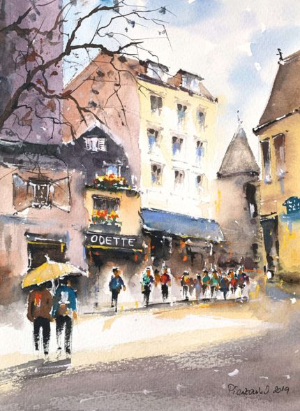 Tablou Peisaj urban, strada cu cladiri colorate, trecatori si o umbrela galbena