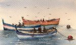 Detaliu din tabloul Pescuit pe balta, barcile cu pescari