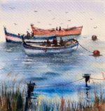 Tablou Pescuit pe balta, barci de pescari pe apa albastra, cu stuf in prim-plan